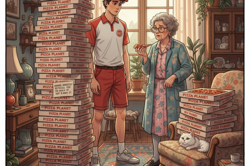 The Wrong Address Delivery: A pizza delivery driver accidentally delivers 50 pizzas to a confused old lady.